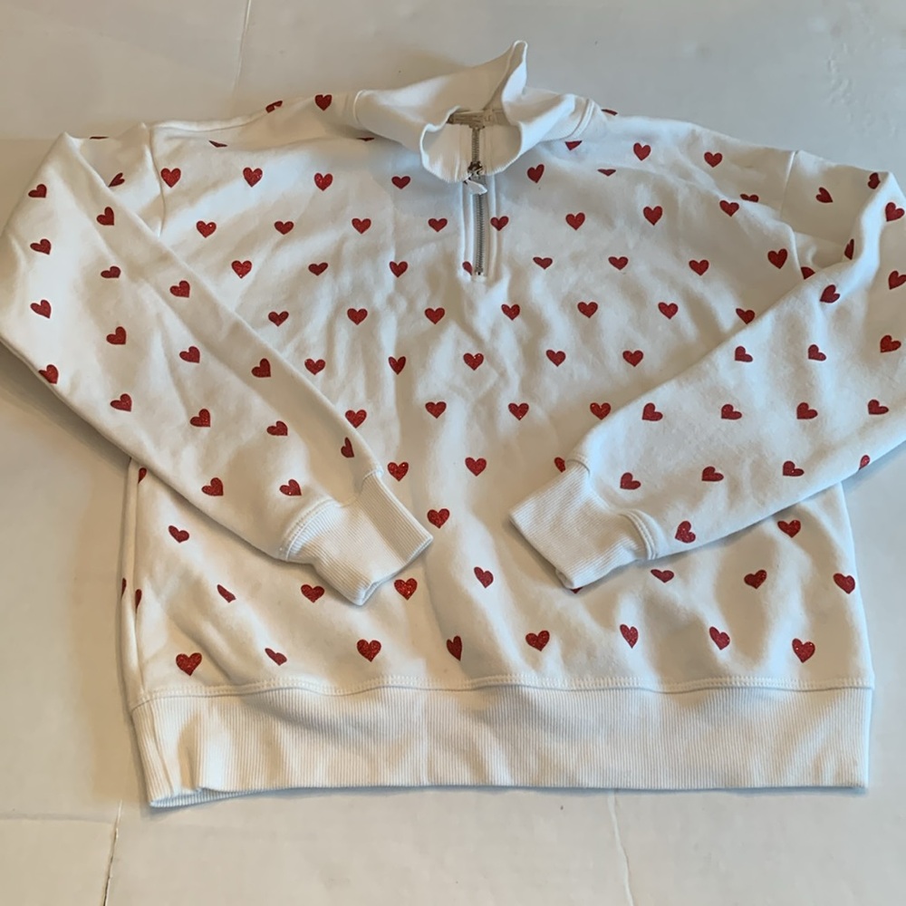 Cynthia Rowley white quarter zip sweatshirt with red glitter hearts Size Small